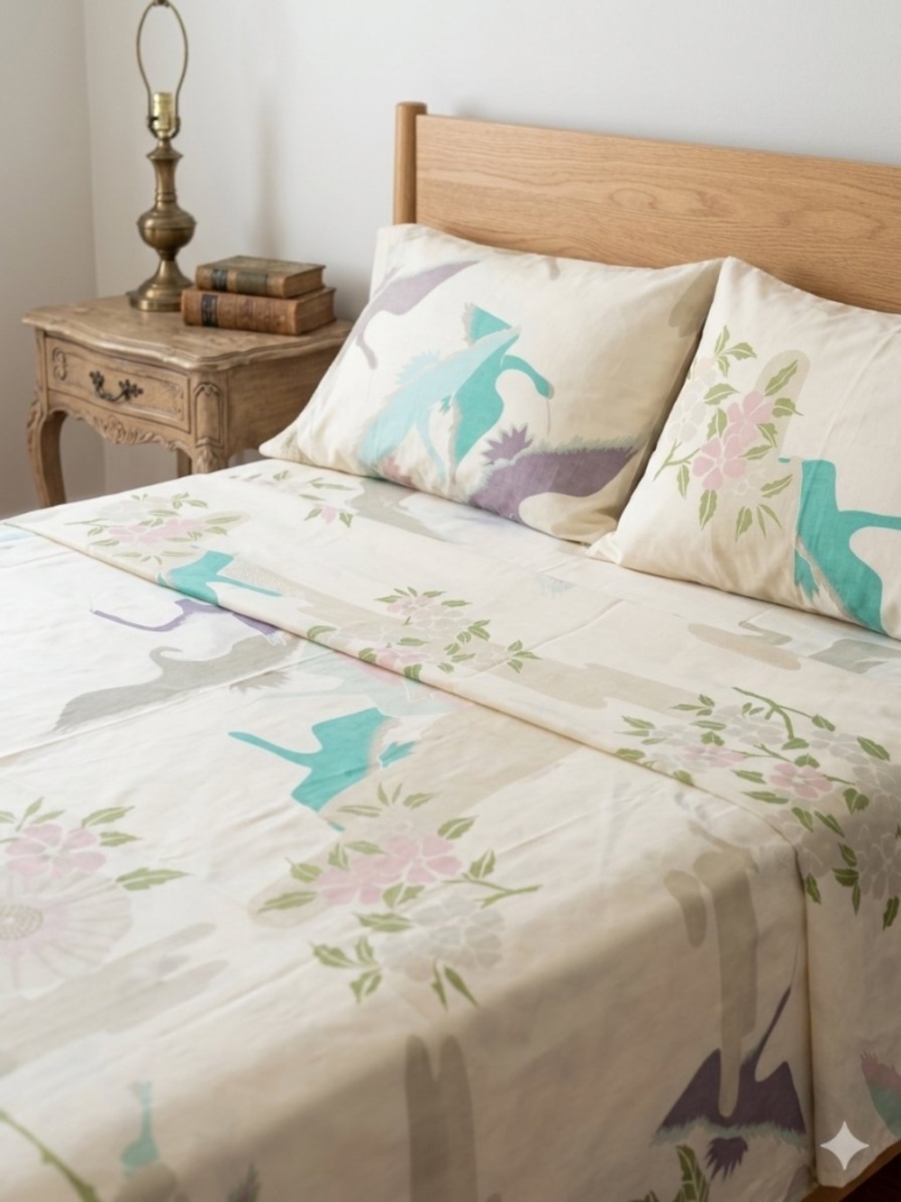 Vintage Burlington Full Percale Sheet Set - Cranes and Floral Chinoiserie